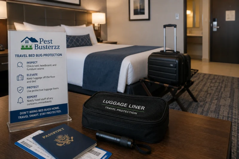 Travel bed bug protection checklist beside a hotel bed and luggage