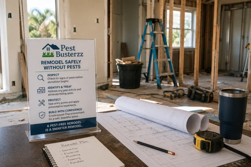 Home remodeling site with a pest-prevention checklist, building plans, and tools