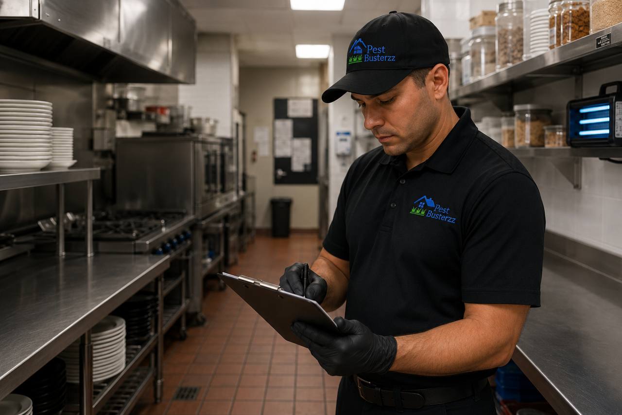 Pest control technician reviewing an inspection checklist in a commercial kitchen