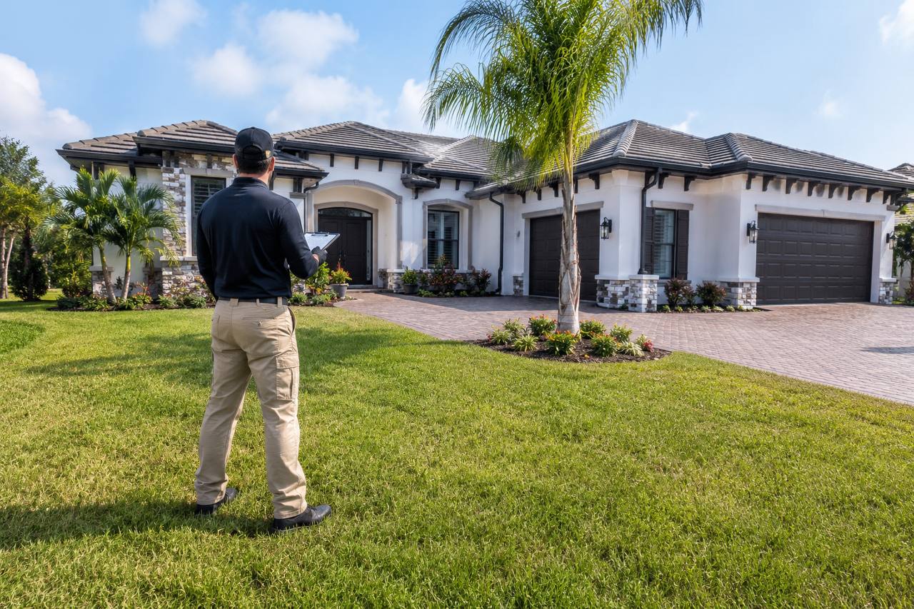 Pest-control professional reviewing service notes outside a South Florida home