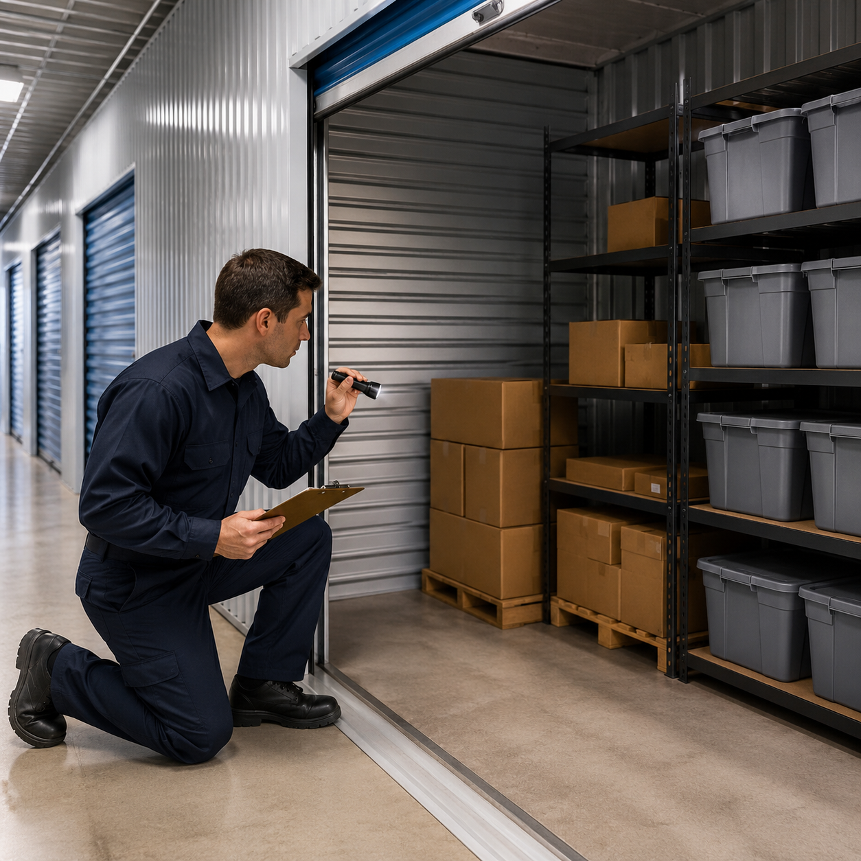 Pest control technician inspecting a storage unit with boxes and plastic bins