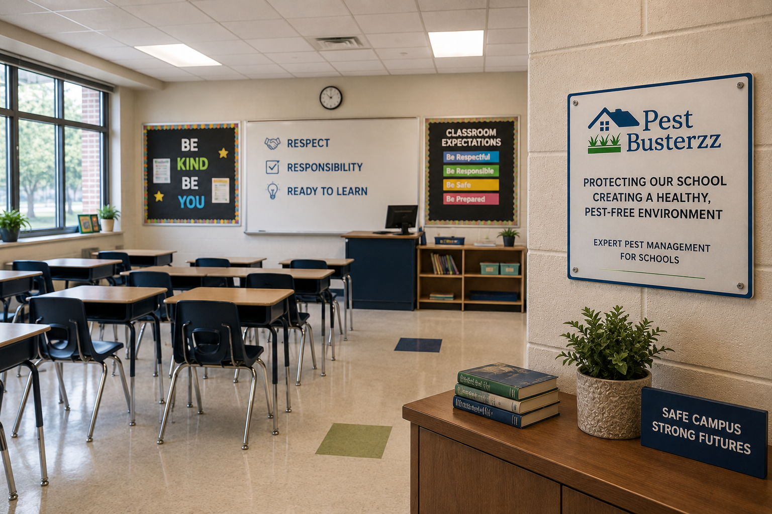 School classroom with a Pest Busterzz school pest-management sign