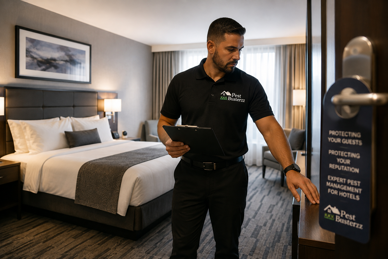 Pest control technician inspecting a hotel room with a clipboard